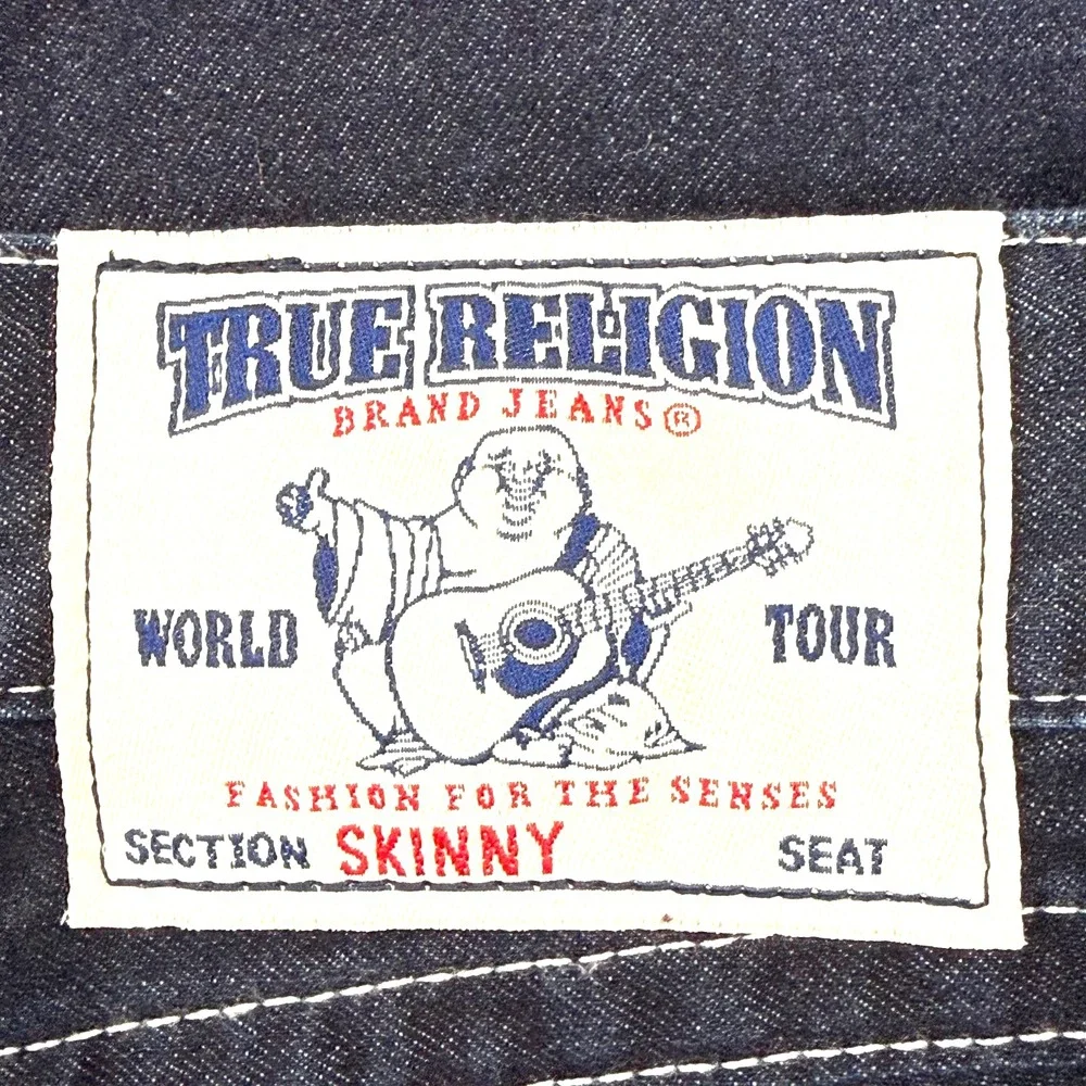 True Religion Mens Jeans 36 NWOT Y2K Skinny Flaps Dark Wash Blue Contrast Stitch